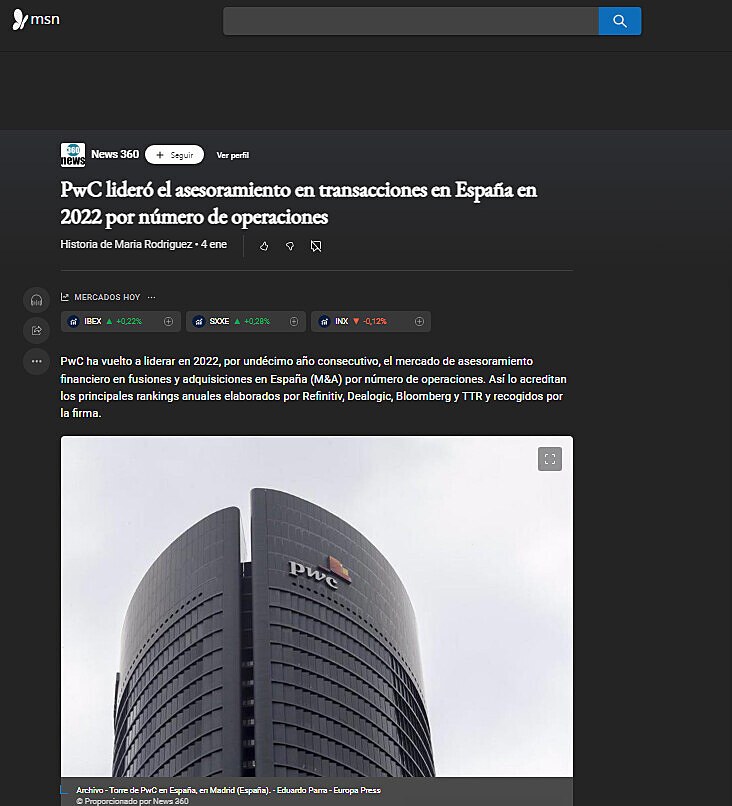 PwC lider el asesoramiento en transacciones en Espaa en 2022 por nmero de operaciones